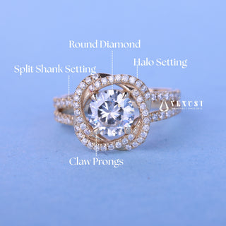 Lustrous 1.0ct round halo moissanite ring three quarter angled view