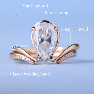1.0CT-2.0CT Bezel Set Pear Moissanite Diamond Curved Unique Engagement Ring With Wedding Band