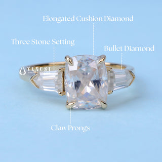 Exquisite 2.0ct cushion three stone moissanite ring top view