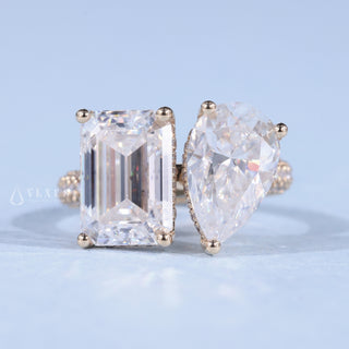1.50CT Emerald & Pear Cut Moissanite Diamond Hidden Halo Toi Et Moi Engagement Ring