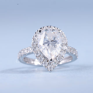 1.0CT Pear Cut Moissanite Diamond Halo Pave Engagement Ring