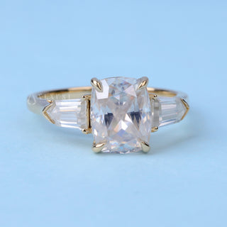 Exquisite 2.0ct cushion three stone moissanite ring front view
