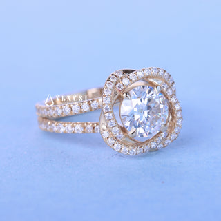 Lustrous 1.0ct round halo moissanite ring angled view showing its sparkle