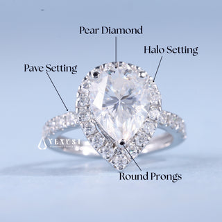 1.0CT Pear Cut Moissanite Diamond Halo Pave Engagement Ring