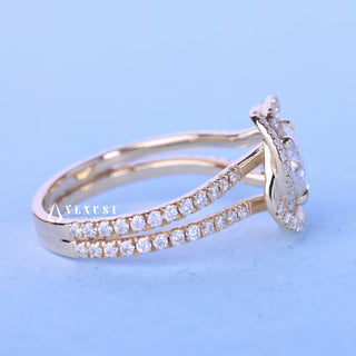 Lustrous 1.0ct round halo moissanite ring side profile view