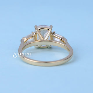 Exquisite 2.0ct cushion three stone moissanite ring side profile view