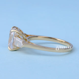 Exquisite 2.0ct cushion three stone moissanite ring close up of the setting