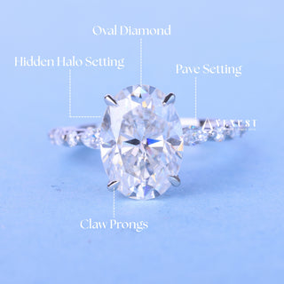 Brilliant 2.0ct oval hidden halo moissanite ring three quarter angled view