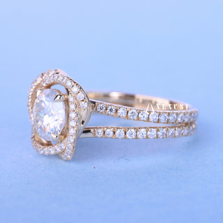 Lustrous 1.0ct round halo moissanite ring shown on a finger