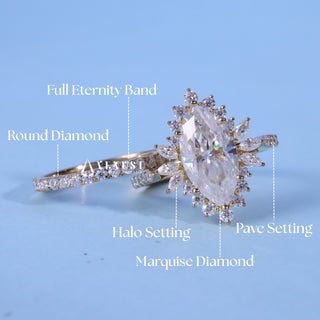 1.0ct Marquise Cut Cluster Halo Diamond Vintage Style Engagement Ring With Wedding Band