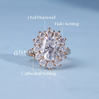 Classic 2.0ct oval halo moissanite ring shown on a finger