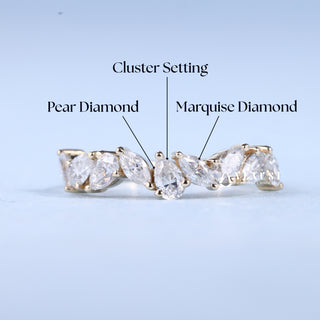 Exquisite marquise cluster moissanite wedding band shown on a finger