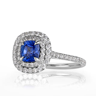Blue cushion double halo pave moissanite bridal ring front view