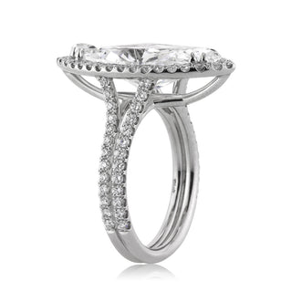 Elongated marquise moissanite halo pave ring close up detail