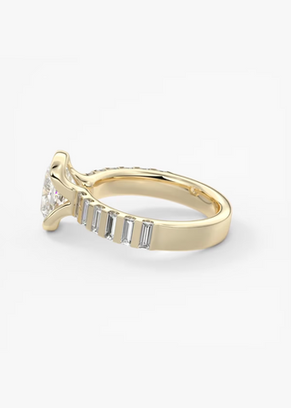 Elongated cushion half bezel moissanite engagement ring side detail view