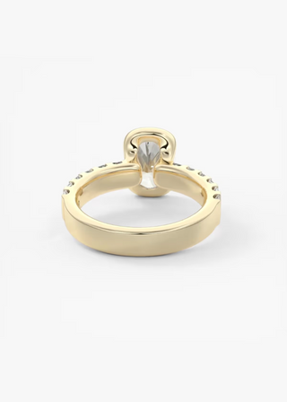 Elongated cushion half bezel moissanite engagement ring on hand
