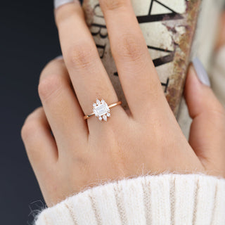 0.92 CT Emerald Brilliant Cluster Moissanite Engagement Ring side view