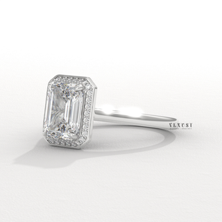 Halo Solitaire Moissanite Emerald Cut Engagement Ring side view