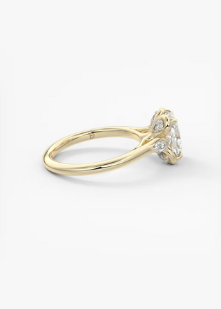 three stone moissanite ring elongated cushion hand view