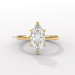 Top-down view of a marquise cut moissanite engagement ring in a hidden halo solitaire setting