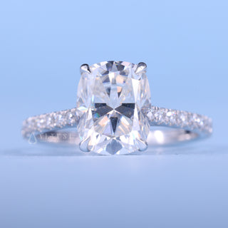 2.0CT Elongated Cushion Cut Moissanite Diamond Hidden Halo Cathedral Pave Engagement Ring
