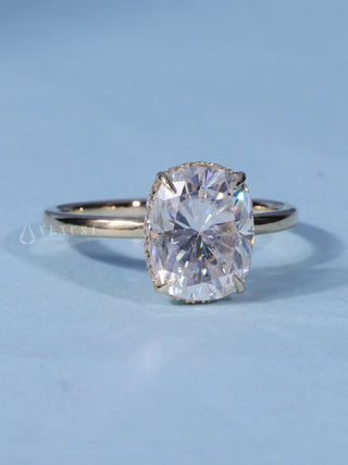 Shimmering 1.50ct cushion hidden halo moissanite ring front view