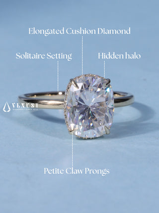 Shimmering 1.50ct cushion hidden halo moissanite ring shown on a finger