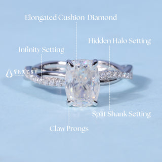 1.0CT Elongated Cushion Cut Moissanite Diamond Hidden Halo Split Shank Engagement Ring