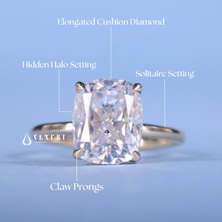 2.50CT Elongated Cushion Cut Moissanite Diamond Hidden Halo Solitaire Engagement Ring