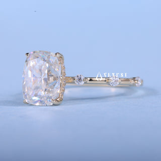 2.0CT Elongated Cushion Moissanite Diamond Hidden Halo Petite Pave Engagement Ring