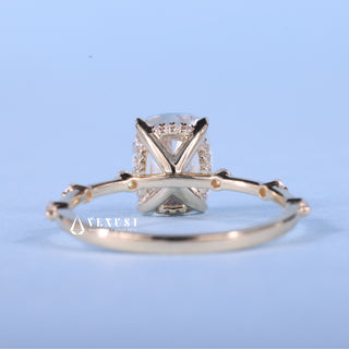 2.0CT Elongated Cushion Moissanite Diamond Hidden Halo Petite Pave Engagement Ring