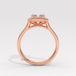 Double Halo Moissanite Emerald Cut Engagement Ring studio view