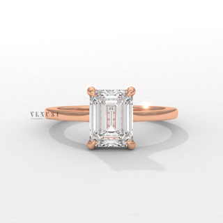 Emerald cut moissanite engagement ring with hidden halo
