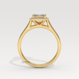 Halo Solitaire Moissanite Emerald Cut Engagement Ring studio view