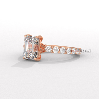 Emerald cut moissanite engagement ring angled view