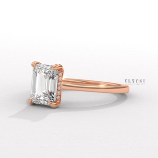 Emerald cut moissanite diamond ring close up  Emerald Cathedral Halo detail view 5