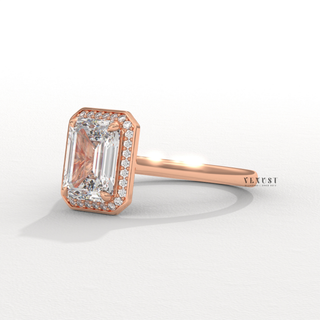 Halo Solitaire Moissanite Emerald Cut Engagement Ring band detail