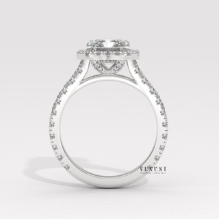 Brilliant Halo Pave Emerald Cut Moissanite Engagement Rings close-up of the centre stone