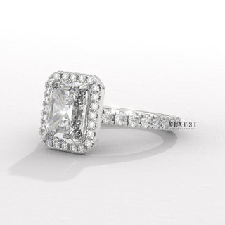 Brilliant Halo Pave Emerald Cut Moissanite Engagement Rings side view