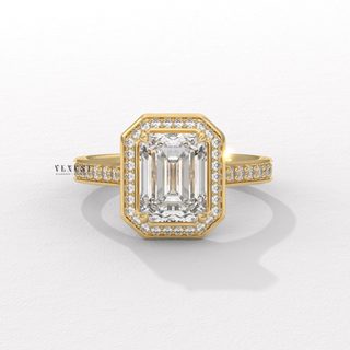 Double Halo Moissanite Emerald Cut Engagement Ring angled view