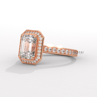 Double Halo Moissanite Emerald Cut Engagement Ring overhead view