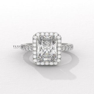 Brilliant Halo Pave Emerald Cut Moissanite Engagement Rings front view
