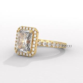 Brilliant Halo Pave Emerald Cut Moissanite Engagement Rings band detail