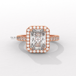 Brilliant Halo Pave Emerald Cut Moissanite Engagement Rings profile view