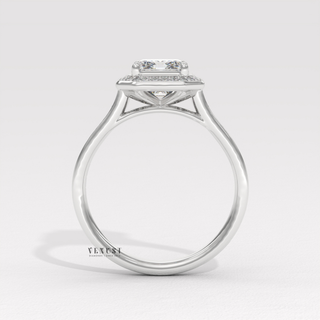 Double Halo Moissanite Emerald Cut Engagement Ring close-up of the centre stone