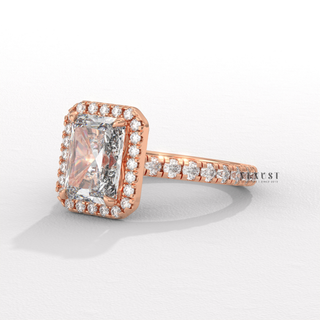 Brilliant Halo Pave Emerald Cut Moissanite Engagement Rings overhead view
