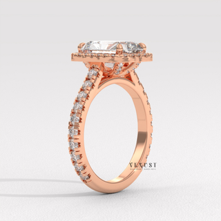 Brilliant Halo Pave Emerald Cut Moissanite Engagement Rings setting detail