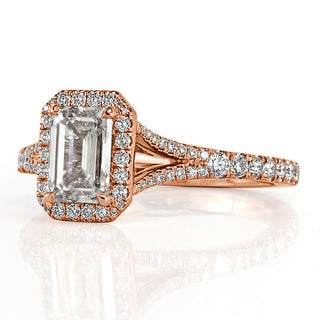 Emerald halo pave engagement ring side detail view