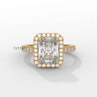 Brilliant Halo Pave Emerald Cut Moissanite Engagement Rings angled view