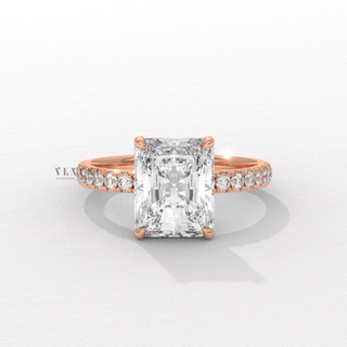 Side profile of a radiant cut moissanite engagement ring with a pave band